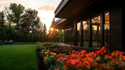 Obraz premium Modern House Sunset Garden Landscape