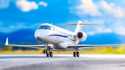 Obraz premium White Jet Airplane on Runway with Blue Sky - A stunning jet airplane parked on the runway against a bright blue sky. Perfect symbolizing travel, freedom, luxury, adventure, and speed.