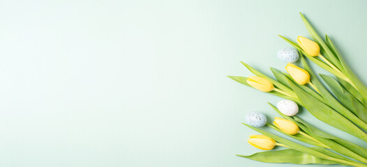 Colored easter eggs, yellow tulip flowers, holiday greeting card, spring season background 