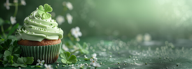 St. Patrick's Day cupcake shamrock green frosting flowers Irish themed banner