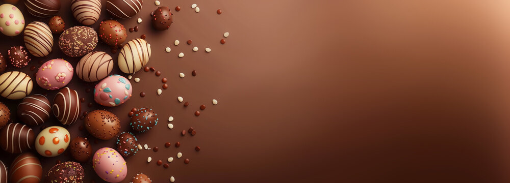 easter chocolate background banner eggs left side copy space brown gradient festive design