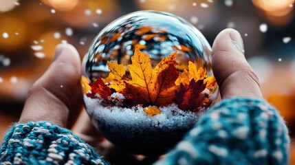 A stunning glass snow globe features vibrant autumn leaves and a snowy base, encapsulating the serene beauty of nature during the transition from fall to winter.
