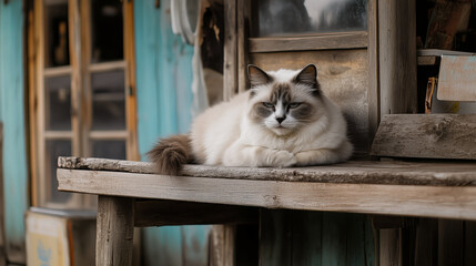 Fluffy cat lounging on a rustic wooden bench outside, exuding calmness and contentment, contrasting with the weathered textures of its surroundings.