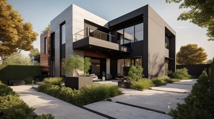 A contemporary urban home with sharp architectural lines, black and white contrast siding, 
