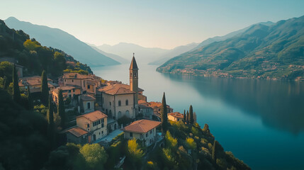 Scenic view of a charming lakeside village with terracotta roofs and a church tower, surrounded by lush green hills and calm blue waters under a clear sky.