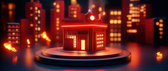 Illuminated miniature building in a city at night with fire effects.