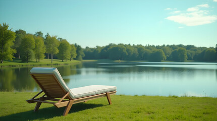 Obraz premium Idyllic lakeside view with a cozy lounge chair on grass, surrounded by trees and reflecting water for relaxation
