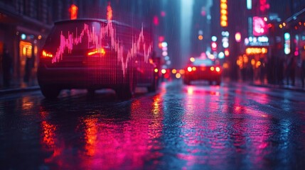 Fototapeta premium Night city traffic, stock market graph overlay, rain