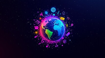 Colorful Illustration of a Global Network - A vibrant digital illustration featuring a globe surrounded by various icons representing global connections and activities.