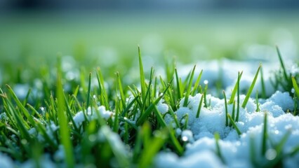 Frozen Green Grass with Water Droplets and Snow