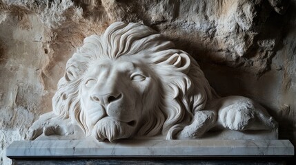 Obraz premium Serene marble lion sculpture resting on a stone ledge, detailed carving, calm expression.