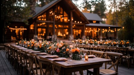 This enchanting outdoor wedding reception features beautiful floral arrangements, warm lighting, and a stunning log cabin ambiance, perfect for an unforgettable celebration.