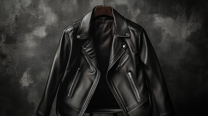 Black leather jacket hanging on a wooden hanger against a dark background.