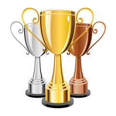 Gold, silver and bronze trophy cups on white background. Vector illustration.