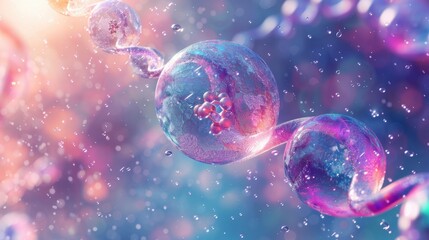 Fototapeta premium High-detail 3D rendering of a molecule within a liquid bubble, floating in a cosmetic essence, with a DNA water splash background. Captivating and vibrant