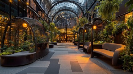 Luxurious indoor garden with seating, plants, and glass architecture at dusk.