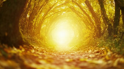 Mystical autumn forest tunnel with radiant sunlight and falling leaves