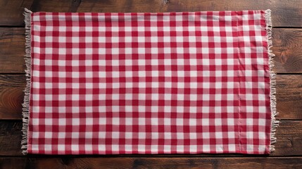 A red and white checkered tablecloth on a wooden surface, ideal for picnics or casual dining.