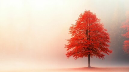 Solitary red tree in misty autumn landscape for tranquil nature design