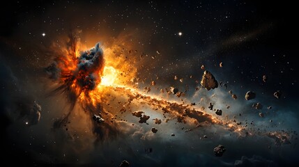 Naklejka premium Depiction of a Dramatic Cosmic Collision between Galaxies Showcasing a Captivating Celestial Explosion in the Depths of the Universe