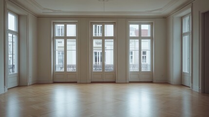 Fototapeta premium Empty, bright room with hardwood floors and large windows showcasing city view.