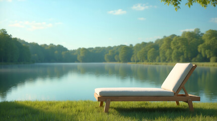 Obraz premium Idyllic lakeside view with a cozy lounge chair on grass, surrounded by trees and reflecting water for relaxation