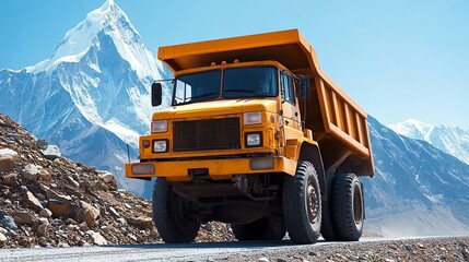 A yellow dump truck carrying rocks through hilly areas