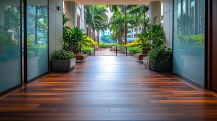 Luxurious indoor walkway leading to a vibrant outdoor garden with lush greenery and modern architecture.