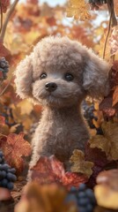Adorable fluffy toy poodle puppy amidst autumn leaves and grapes.