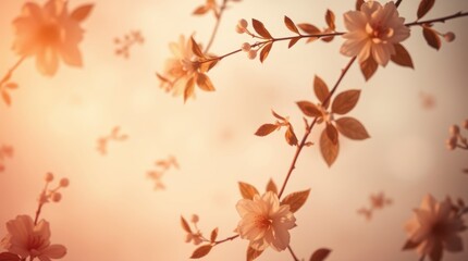 Close up of delicate blossoms and emerging buds on a branch in soft, warm light.