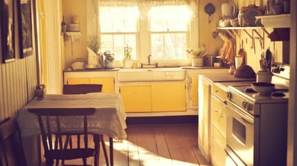 Sunny yellow vintage kitchen with wooden floors, white sink, and old appliances.
