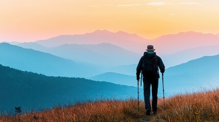 Solo Hiker Trekking Through Mountains at Sunset in Natural Landscape