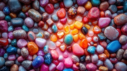Fototapeta premium A colorful collection of smooth, polished stones creates a visually appealing textured pattern.