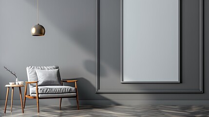 Gray interior with armchair, side table, hanging lamp, and blank wall. Clean and minimalist design.