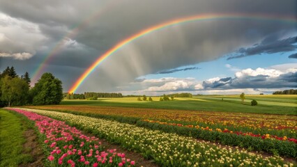 A rainbow appearing after the rain over a blooming field.