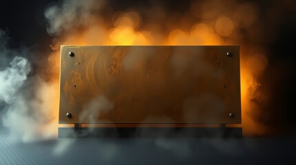 Metallic plate in a smoky backdrop, with warm bokeh lights creating an industrial atmosphere.