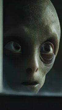 Grey extraterrestrial being studying environment, revealing complex emotions through subtle facial micro expressions, indicating heightened cognitive capabilities and otherworldly presence
