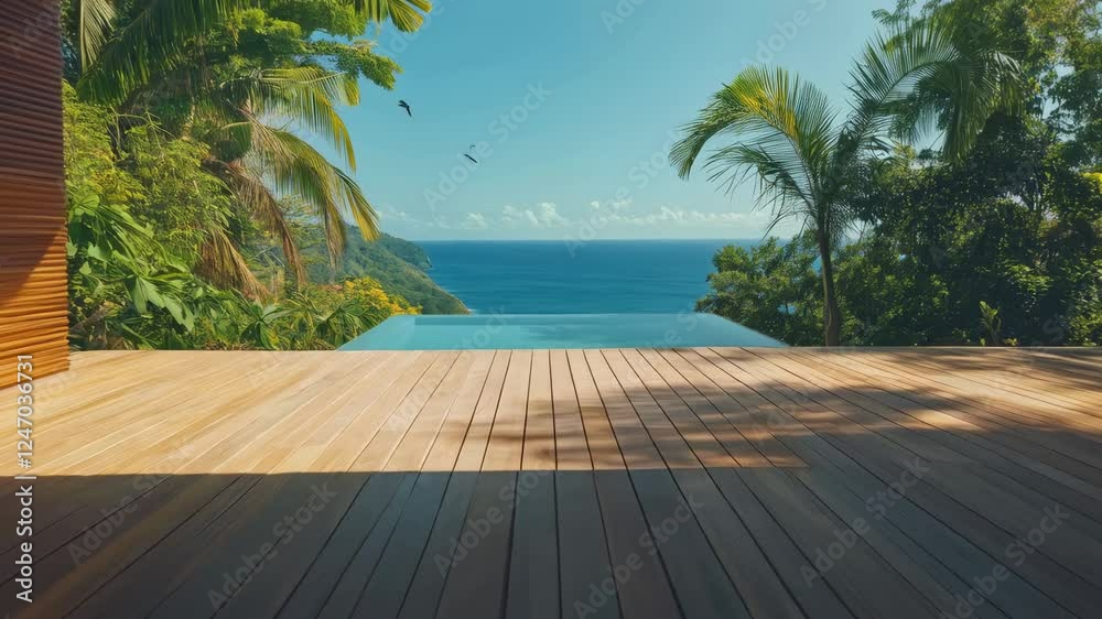 Poster Tropical birds fly over an infinity pool overlooking the ocean in a slow motion sequence, creating a serene and luxurious holiday atmosphere