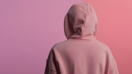 Rear view of a person wearing a pink hoodie against a pink and coral background.