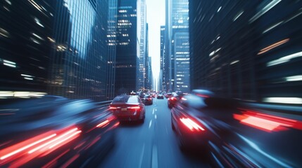 Dynamic evening cityscape with blurred traffic lights on busy urban street