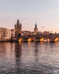 Sunset colors in Prague Historical Gothic Medieval castle, St. Vitus Cathedral, Charles Bridge and river Vltava boat cruise, astronomical clock, Unesco city tourism, golden hour and water reflection