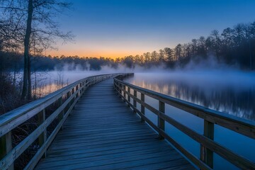 Naklejka premium Serene Wooden Boardwalk Stretching Across Misty Lake at Picturesque Sunrise or Sunset