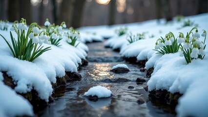 A field of white snowdrops growing by a stream