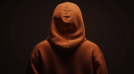 Rear view of a person wearing an orange hoodie in low light.