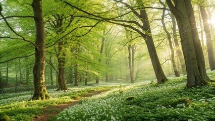 A spring forest with fresh green leaves and sunlight filtering through the trees