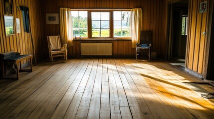 Obraz premium Sunlight streams through windows in a rustic wooden room with hardwood floors, chairs, and simple decor.
