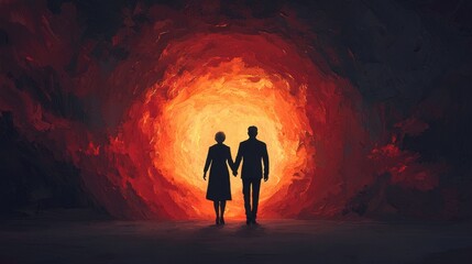 Fototapeta premium Silhouette of Couple Holding Hands at Enigmatic Fiery Portal