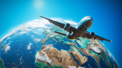 Obraz premium Passenger Airplane Flying Over a Giant Earth globe in a Clear Blue Sky – Surreal Travel Concept