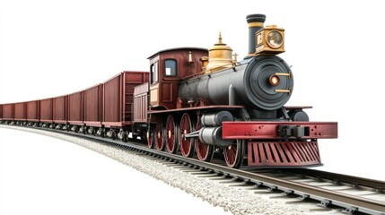 Fototapeta premium Vintage steam locomotive train with cargo cars on tracks, isolated on white background.