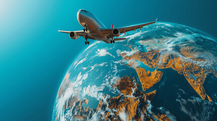 Obraz premium Passenger Airplane Flying Over a Giant Earth globe in a Clear Blue Sky – Surreal Travel Concept